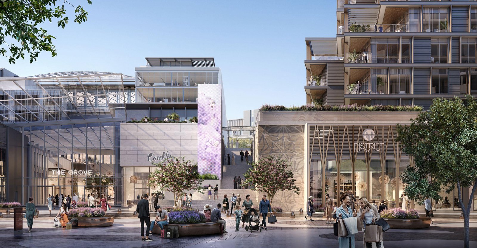 Artistic view of Grove Uptown Views community with iconic Louvre Abu Dhabi and Saadiyat Grove in the background
