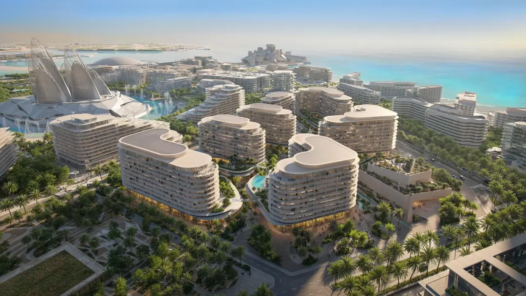 Luxury exterior view of The Row Saadiyat on Saadiyat Island Abu Dhabi UAE showcasing premium waterfront apartments.
