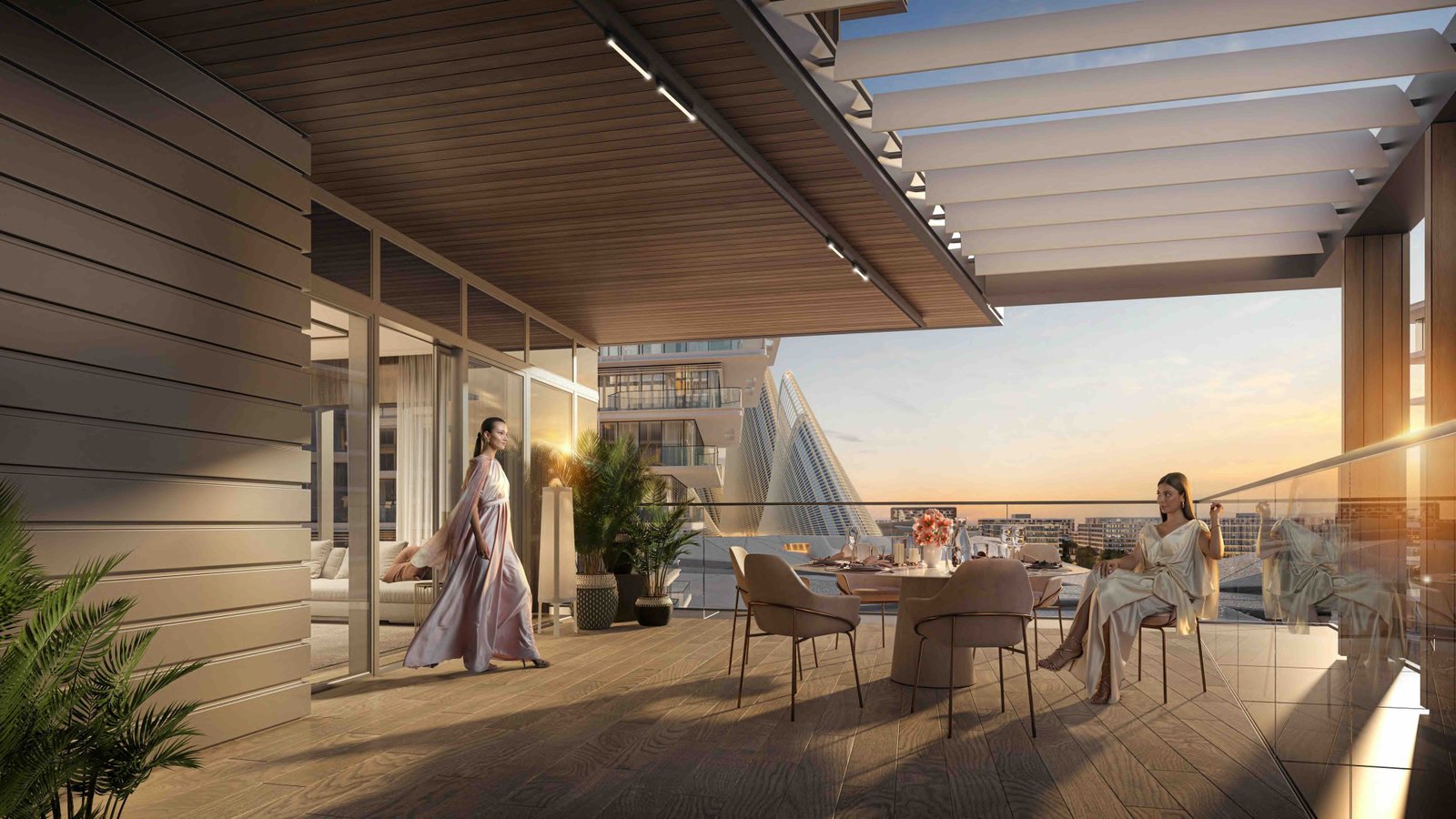 Contemporary apartment exterior at Grove Fountain Views featuring modern architecture and elegant design on Saadiyat Island