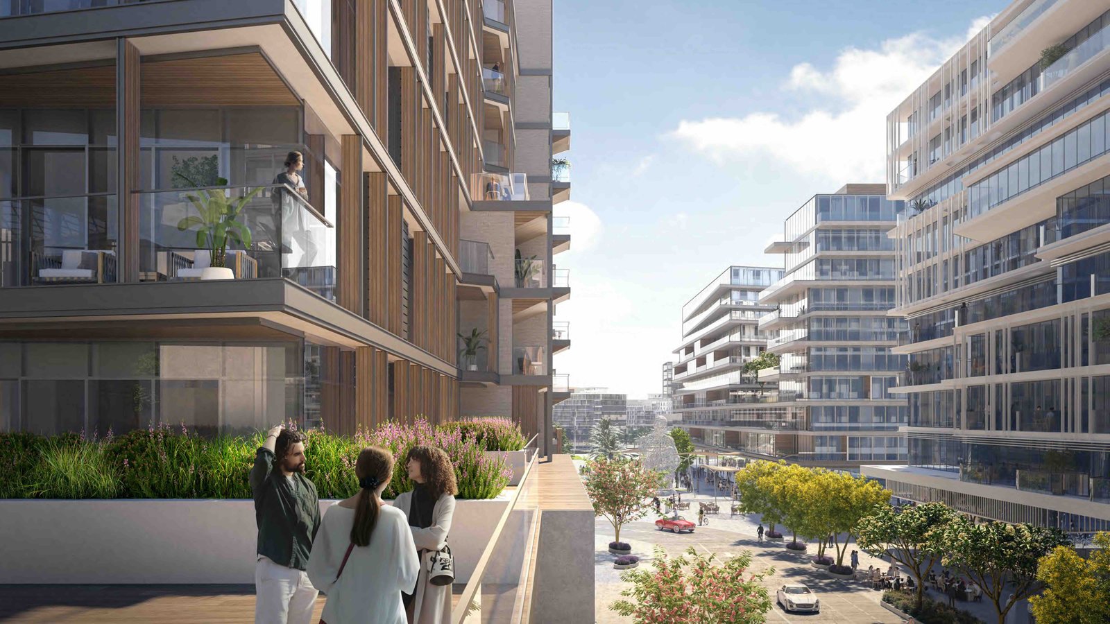 Artistic view of Grove Fountain Views community with iconic cultural landmarks and Saadiyat Grove in the background
