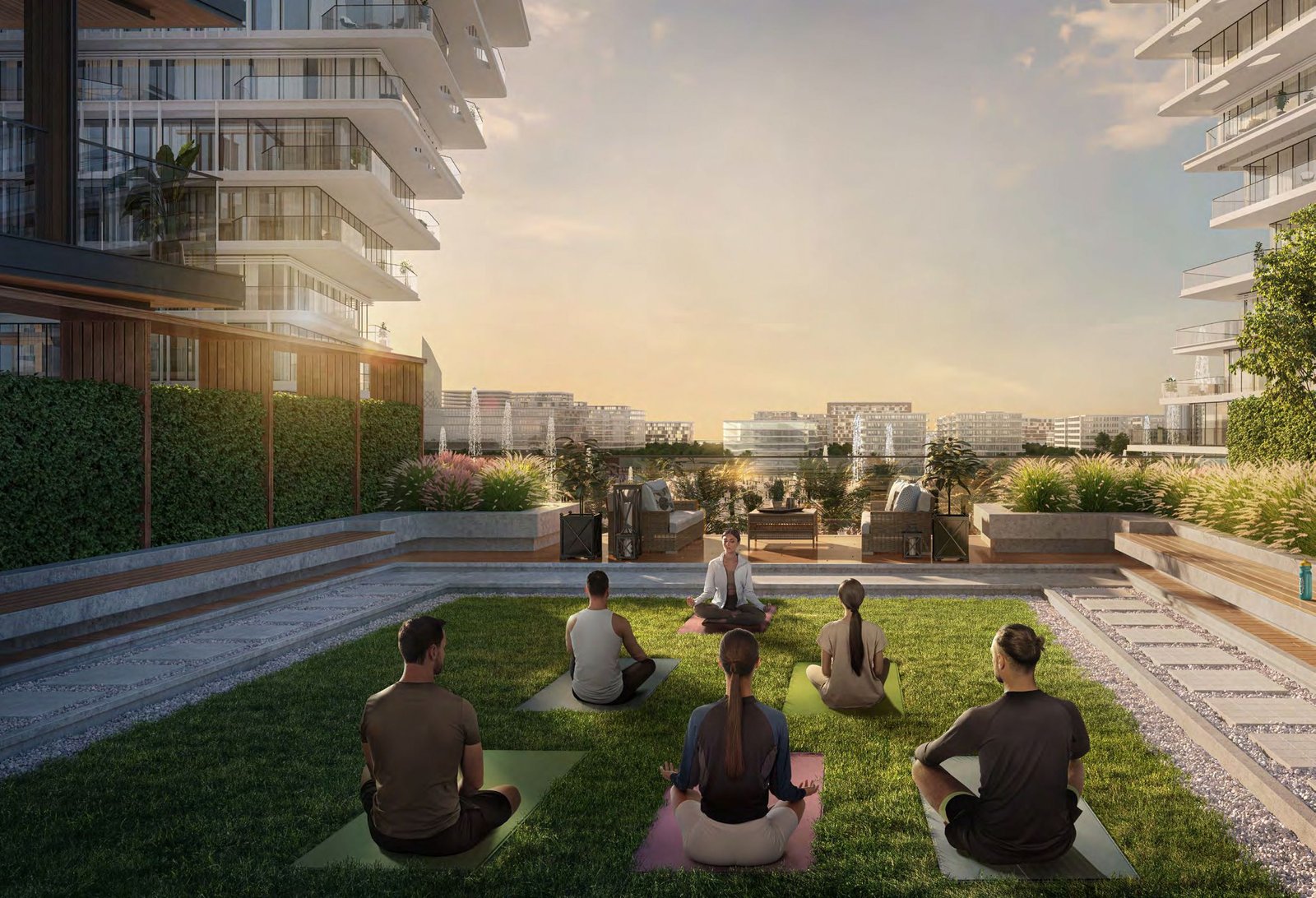 Grove Beach Views façade in Saadiyat Island, Abu Dhabi featuring contemporary lines, lush landscaping, and upscale residential community appeal.