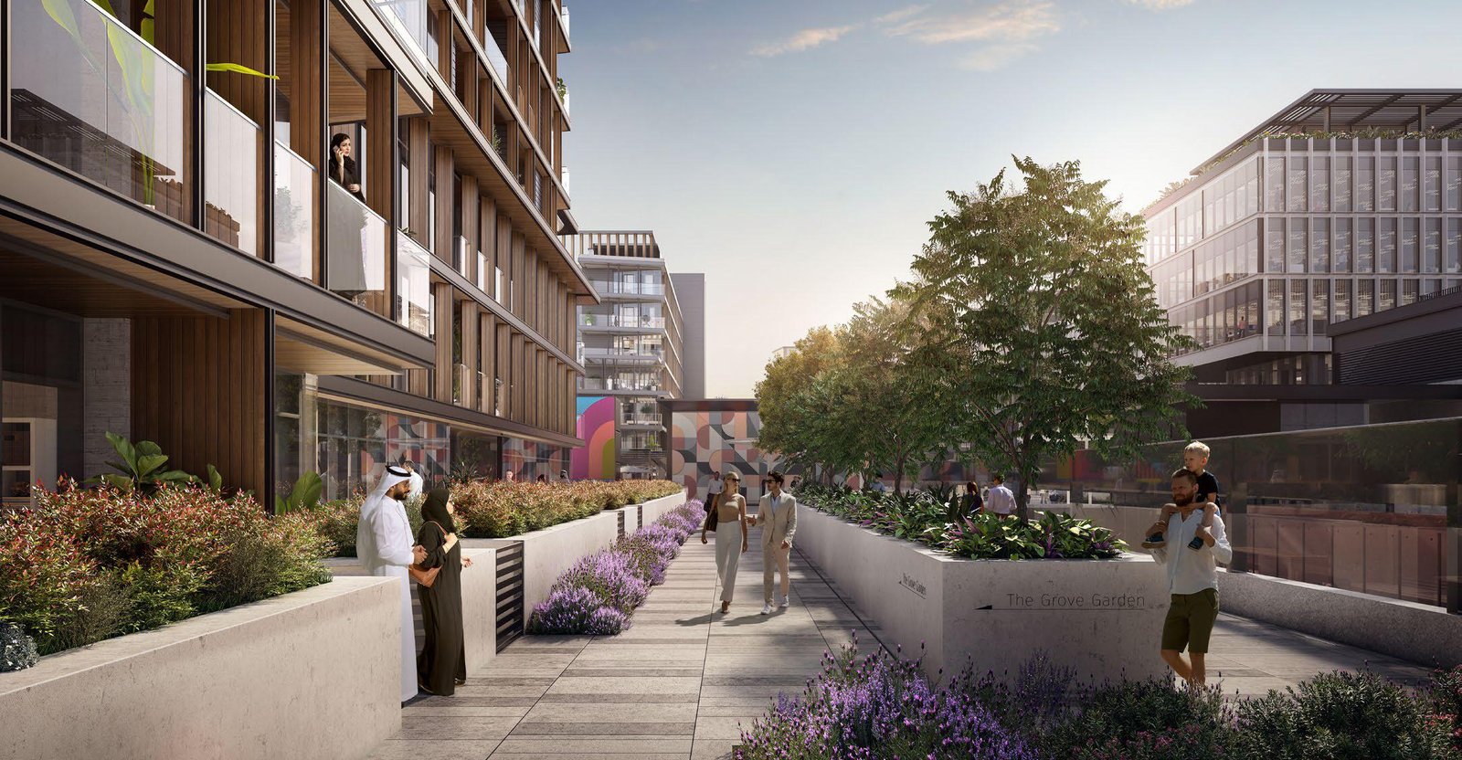Community amenities and green spaces at Grove Uptown Views with panoramic pool and landscaped gardens