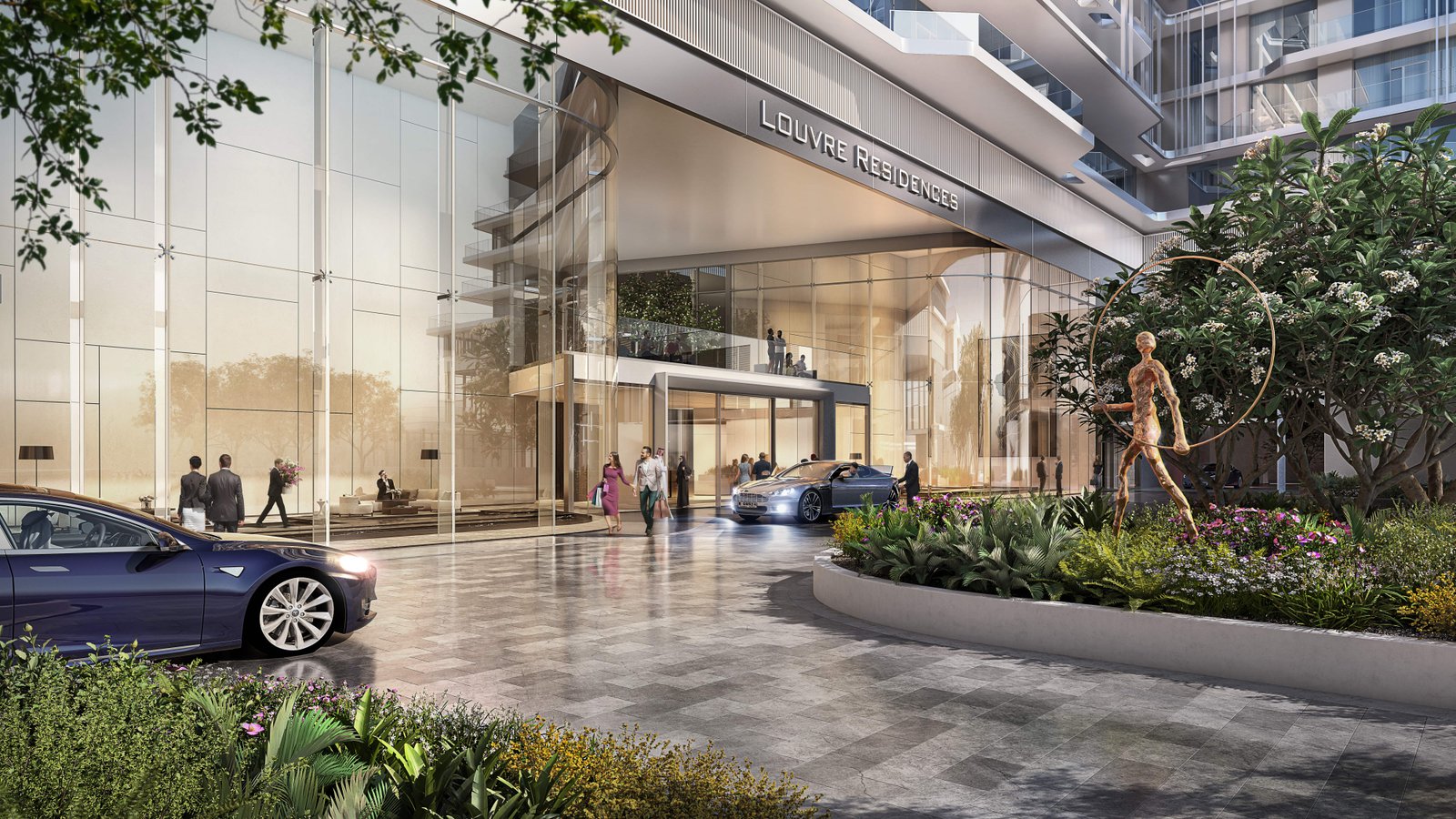 Artistic view of Grove Gallery Views community with iconic Louvre Abu Dhabi and Saadiyat Grove in the background