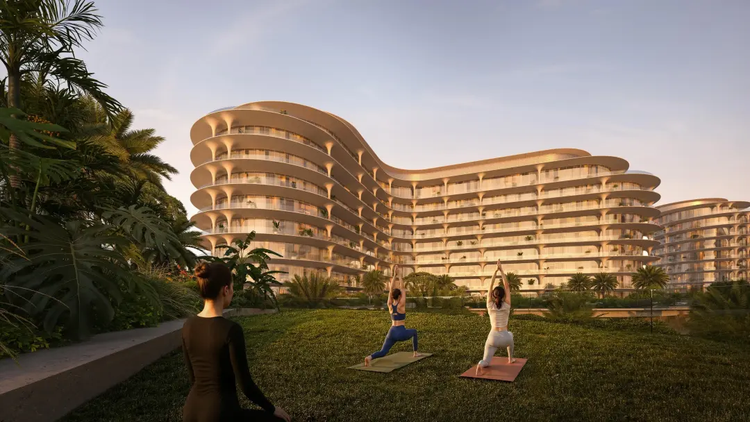 Front façade of The Row Saadiyat Saadiyat Island Abu Dhabi UAE featuring modern architecture and landscaped luxury surroundings.